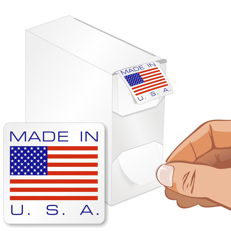 SmartSign (1000/Pack) Made in U.S.A Labels with Flag in Dispenser Box, 2 x 2 inch, Semi-Gloss Paper Stickers with Permanent Adhesive - for Shipping/Packaging/Transportation, Red/Blue/White, USA-Made