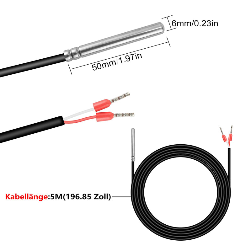 [Australia - AusPower] - PT1000 Temperature Sensor 5 m, Digital Waterproof Temperature Sensor with Waterproof Stainless Steel Sensor and Silicone Material Cable up to 200 °C Compatible with Raspberry Pi (Pack of 1) 5M 