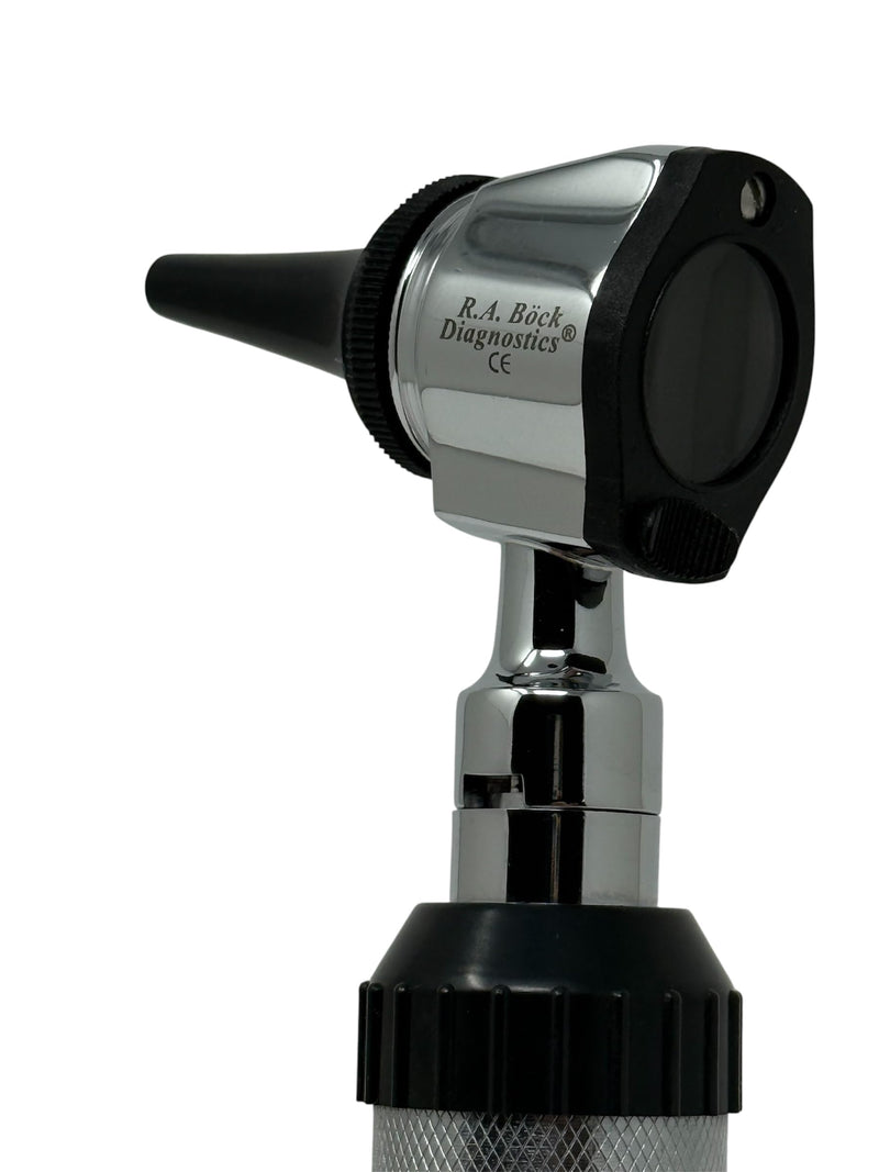 [Australia - AusPower] - New RA Bock 3.2V Bright White LED Otoscope Set Includes Disposable Specula Adaptor and 3 Sizes of reuseable Specula Plus Zippered Leathette Case 