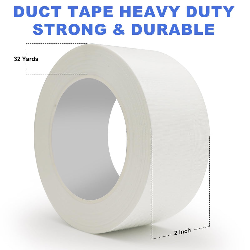 White Duct Tape Heavy Duty Waterproof, 2 Inches x 32 Yards, Strong, Durable, Easy-Tear by Hand, Residue-Free for Home Repairs, Fixed Carpet Edge, DIY Projects White