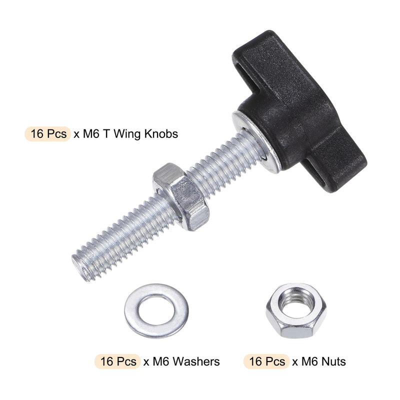 [Australia - AusPower] - HARFINGTON 16pcs Tee Wing Knobs M6 x 35mm Metric Thread 27mm Z/T Head Plastic Handles Thumb Screws Hand Clamping Threaded Stud Knob Grip Thumbscrew with Nuts Washers, Black 
