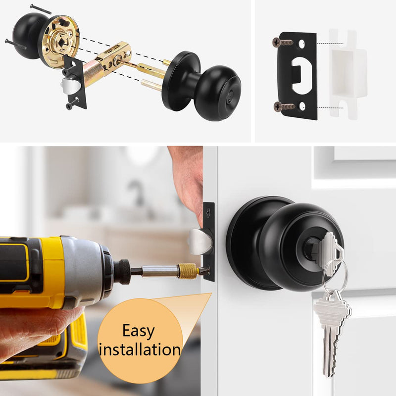 Probrico Black Entry with Key Door Lockset Knobs Flat Ball Keyed Entrance Lock Knobs 1 Pack