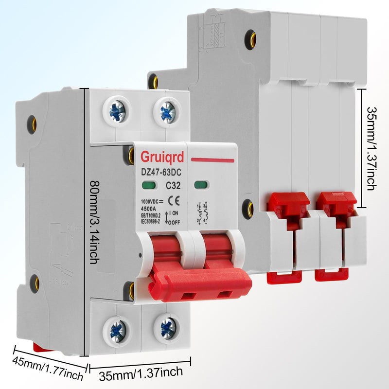 [Australia - AusPower] - Pack of 2 Pv Circuit Breaker DC 1000V 32A 2-Pin DZ47-C32 Solar Circuit Breaker Isolator Circuit Breaker Circuit Breaker for Photovoltaic Systems 