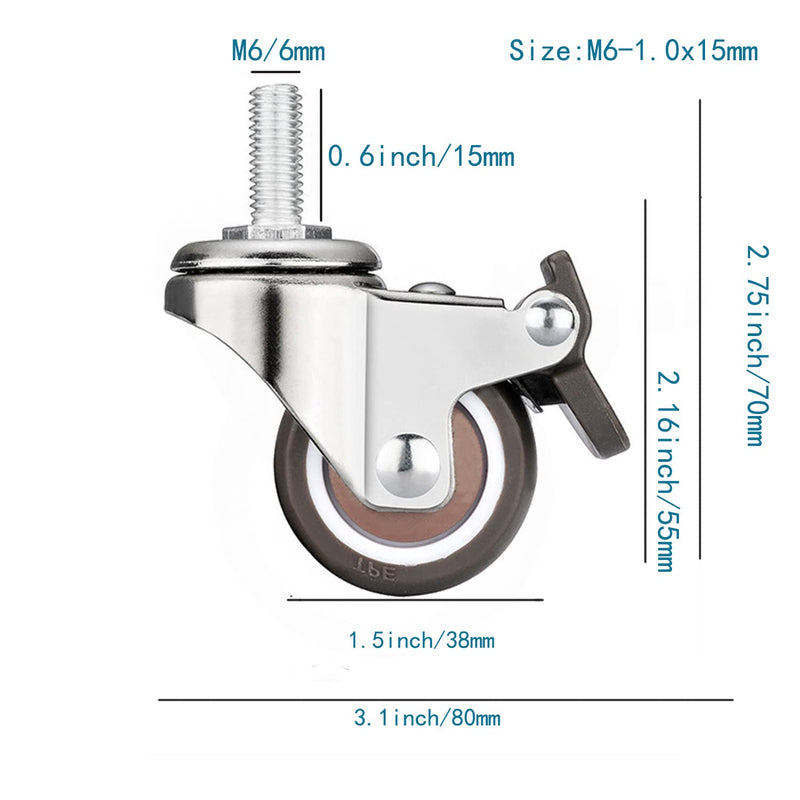[Australia - AusPower] - Stem Casters, 360 Degree Swivel Stem TPR Wheels with Metric M6-1.0x15mm Thread Rods Replacement Industrial Castors for Carts, Furniture, Dolly, Workbench (1.5 inch with Brakes) 1.5 inch with Brakes 