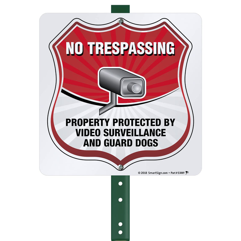 SmartSign 10 x 10 inch “No Trespassing - Property Protected By Video Surveillance And Guard Dogs” Yard Sign with 3 foot Stake, 40 mil Laminated Rustproof Aluminum, Multicolor, Set of 1 10" x 10" Aluminum Sign with 3' Stake