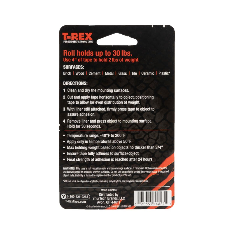 T-Rex Strong Hold Clear Double Sided Mounting Tape, Heavy Duty, All Weather Indoor and Outdoor Use, Clear, 1 in x 60 in, 1 Roll (285338) Strong Hold, Clear 25mm x 1.5m