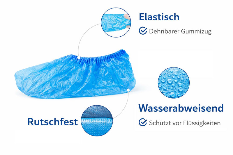 Pack of 100 Blue Overshoes - CPE Disposable Shoe Covers Waterproof & Tear-Resistant - Universal Size up to Size 47 - For Craftsmen & Hygiene Areas