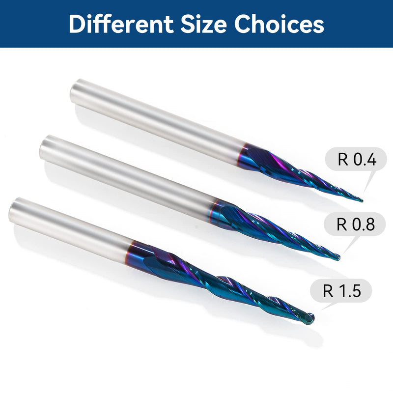 CNC Router Bits 1/4 inch Shank Spiral Tapered Ball Nose 2D & 3D Carving Bit 6.2 Deg Tapered Angle Ball Tip R0.4 1/4" Shank 3" OVL for Wood Carving Engraving Detail Profile