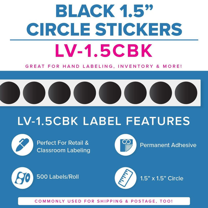Black Round Labels/Stickers - 1.5 Inch Round Labels 500 Stickers Per Roll