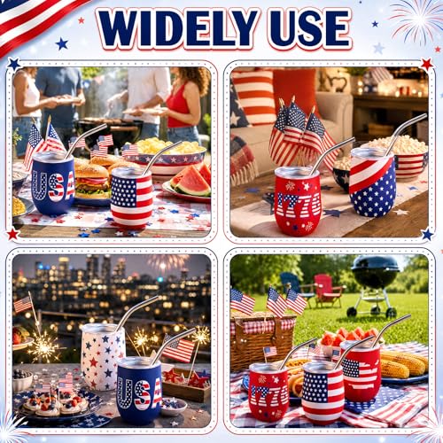 12 Pcs 4th of July Mini Shot Glasses 3 oz Patriotic Red White Blue USA Mini Tumblers with Lids and Straws Stainless Steel Insulated Cups for Independence Day Memorial Day Party Supplies