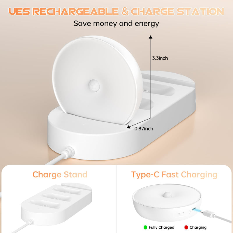 LED Closet Lights Motion Sensor Puck Light with Charge Station, USB Rechargeable Battery Operated Puck Step Lights, Dimmable Under Cabinet Lighting for Counter Wardrobe Kitchen (6 Pack) Warm White 6 Pack with Stand
