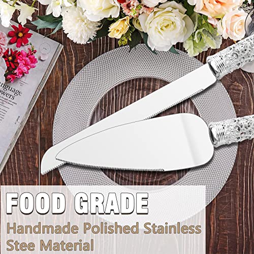 Wedding Silver Cake Knife and Server Set - 2 Pcs Dessert Set Metal Handle with Crystal Stones Decoration for Wedding, Anniversary Party Birthday Banquets, Gifts for Bride and Groom A SILVER
