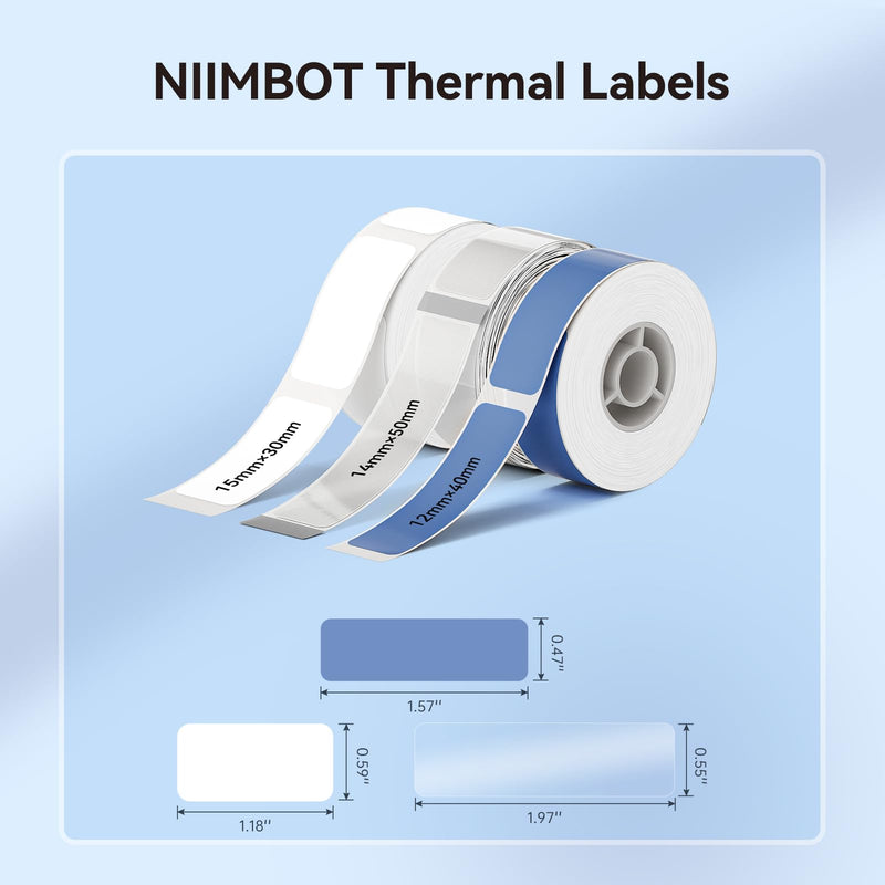 NIIMBOT Label Maker Tape for D110/D11/D101 Label Printer, Multi-Size 3Rolls Pack | 0.59'' x 1.18''White, 0.55'' x 1.97''Transparent, 0.47'' x 1.57''Blue, for Home Office School Labeling Mix 3-white/Transparent/Blue