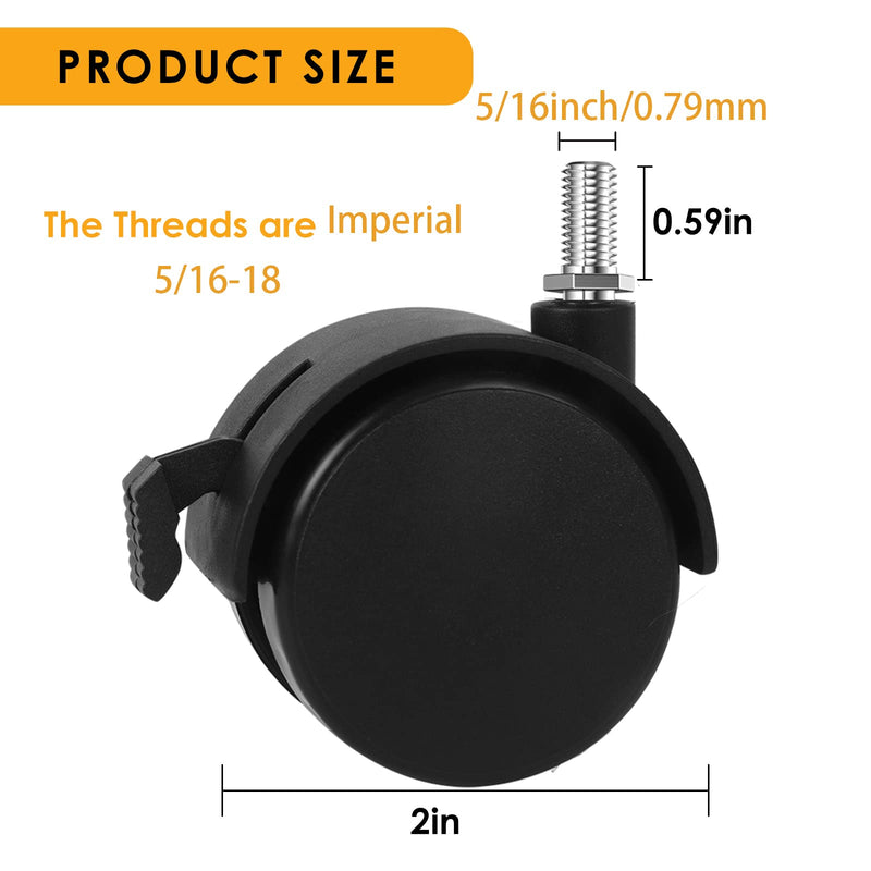 [Australia - AusPower] - 2" Stem Casters Replacement Casters Threaded Swivel Furniture Caster Wheels with Brakes 100Lbs (5/16-18-Black) 5/16-18-Black 