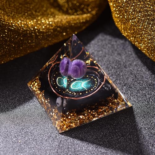 Twelve Constellations Orgone Pyramid Natural Amethyst with Obsidian Healing Crystals for Protection Chakra Positive Energy Gift Home Decor (Taurus) Taurus