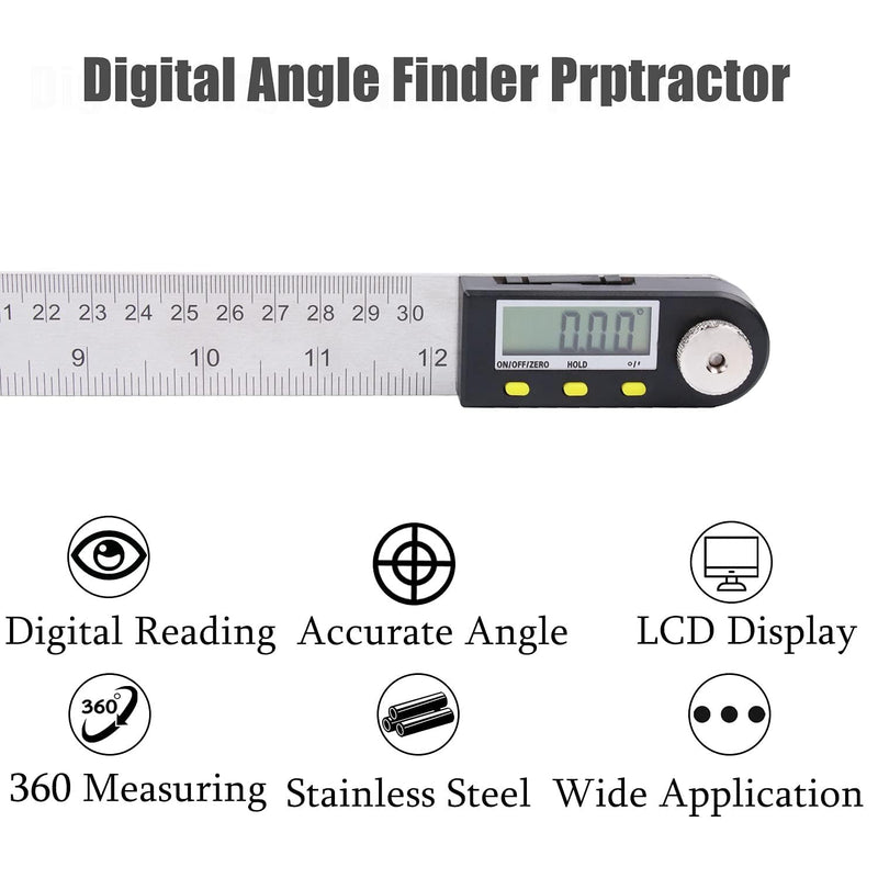 [Australia - AusPower] - Delgada 12 inch/300mm Digital Angle Finder Tool Stainless Steel Digita Protractor Angle Ruler Finder Tool for Woodworking with Zeroing and Locking Function Battery 