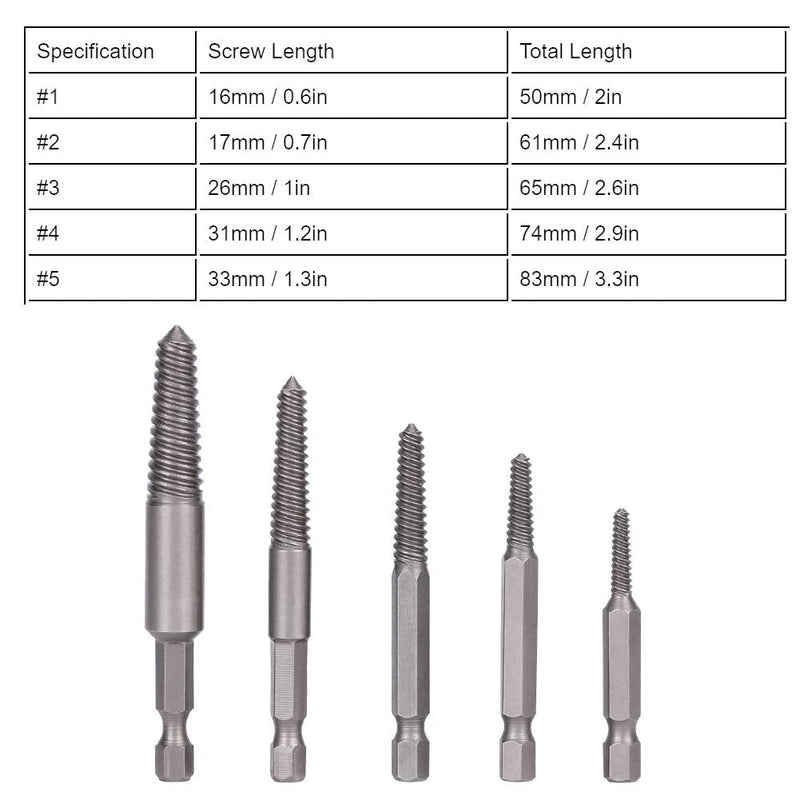[Australia - AusPower] - 5Pcs Screw Extractor Broken Screw Remover Set Stripped Screw Extractor Kit Hex Shank Fine Teeth Damaged Bolts Removal Tool for Stainless Steel 8.8-12.9 Grade Bolts 