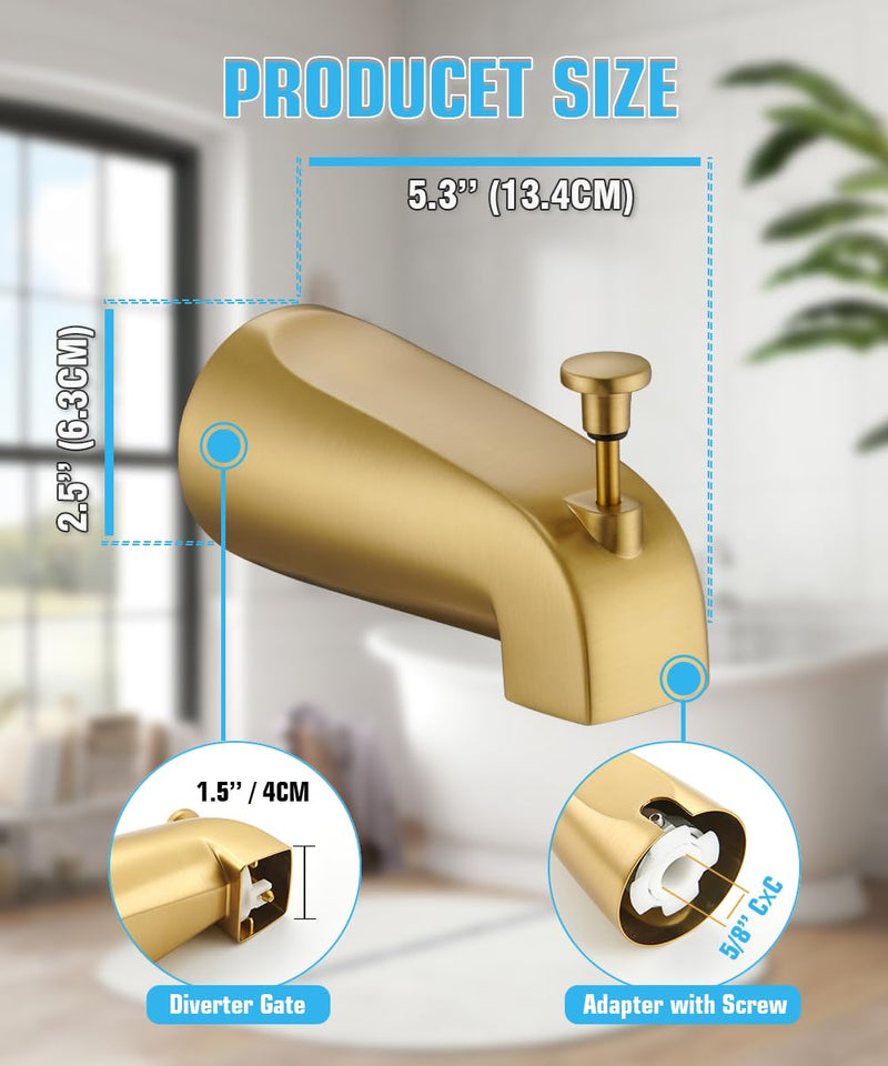 Tub Spout with Diverter, Slip On Bathtub Spout Fits 1/2'' Copper Tube(5/8'' Dia), Bathroom Tub Faucet with PTFE Tape & Hex Wrench, Brushed Gold