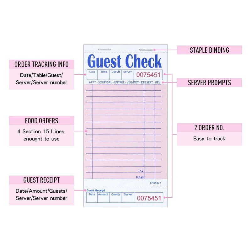[Australia - AusPower] - Server Guest Checkbook, 5 Pack EP-3632-1 Server Note Book, Thick Server Paper with Guest Receipts, Waitress Notepads - 250 Orders Total (Pink, 6.75" x 3.5") 5 Pack--Pink 