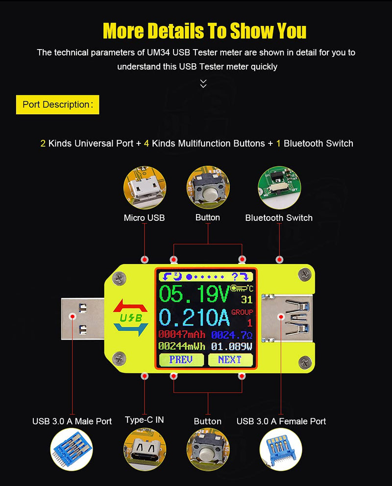 [Australia - AusPower] - RD UM34C 4A USB3.0 USB Meter Tester Voltage Current Power Charger Voltmeter Ammeter Multimeter Tester Measure Cable Resistance(UM34C) 