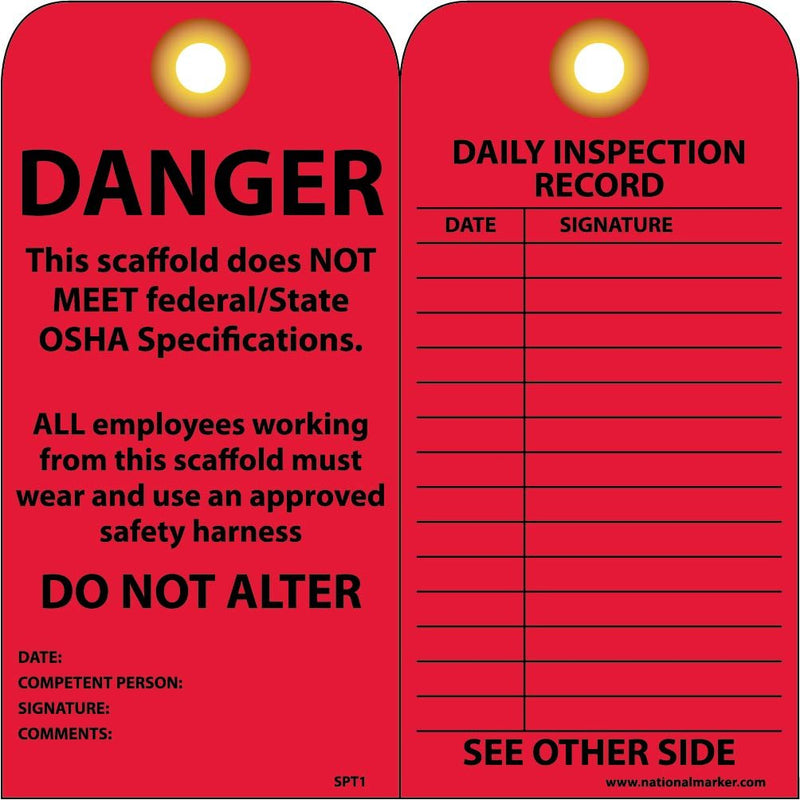 NMC SPT1 Danger - DO NOT USE This Scaffold - Keep Off - DO NOT Alter Tag - [Pack of 25] 3 in. x 6 in. 2 Side Cardstock Inspection Tag with Grommet