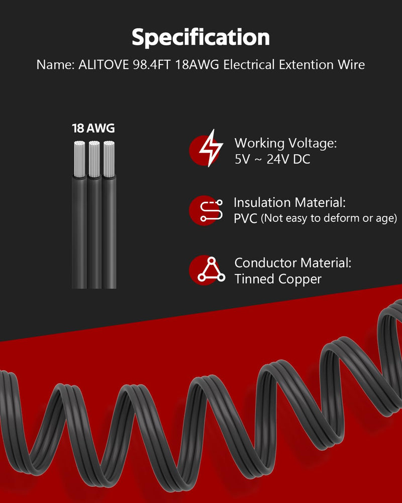 ALITOVE 98.4ft 18AWG Electric Wire 3 Pin 18 Gauge Black Stranded Tinned Copper Cord 18/3 LED Extension Cable for WS2811 Pixel Lights RGB IC 5050 WS2812B Halloween Christmas Light 5~24V DC 3-pin 18AWG 98.4FT