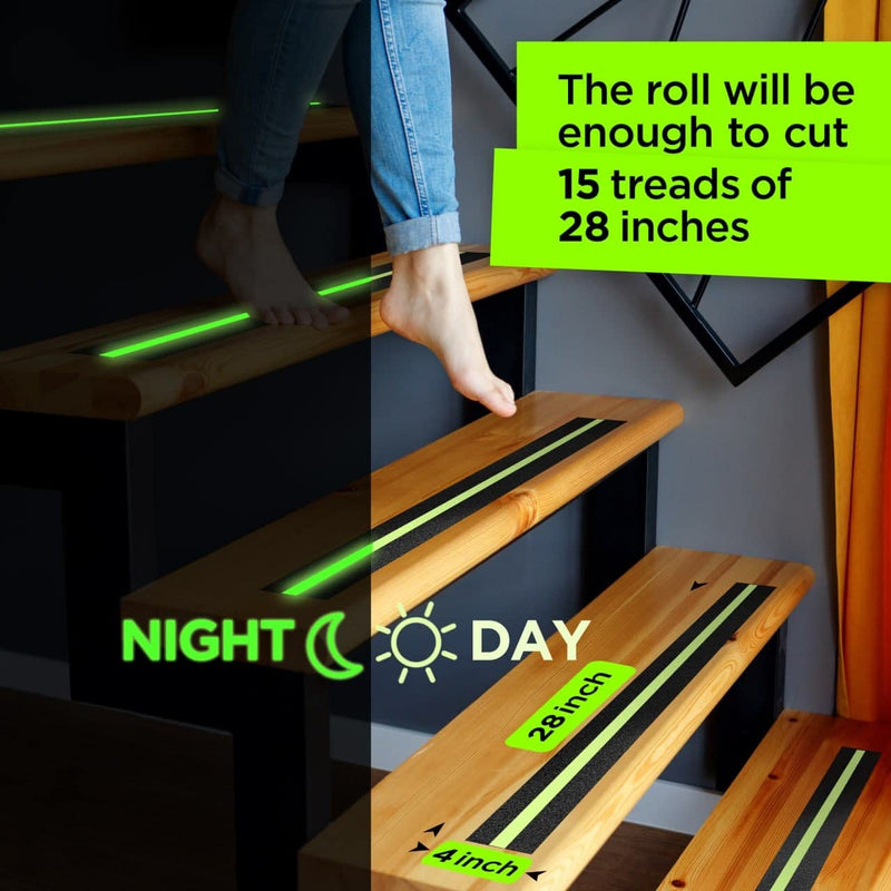 Grip Tape - Heavy Duty Anti Slip Tape for Stairs Outdoor/Indoor Waterproof Safety Non Skid Roll for Stair Steps Traction Tread Staircase Grips (2 Inch x 35 Feet, Black with Glow in The Dark Strips) 2 Inch x 35 Feet