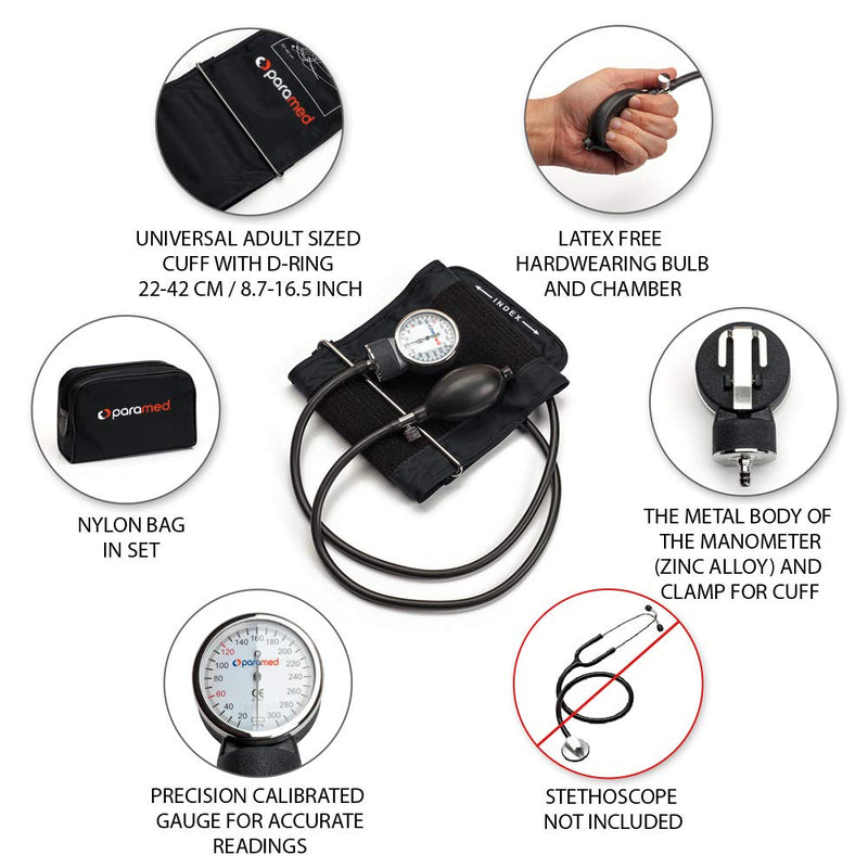 [Australia - AusPower] - PARAMED Aneroid Sphygmomanometer – Manual Blood Pressure Cuff with Universal Cuff 8.7-16.5" and D-Ring – Carrying Case in The kit – Black – Stethoscope Not Included 