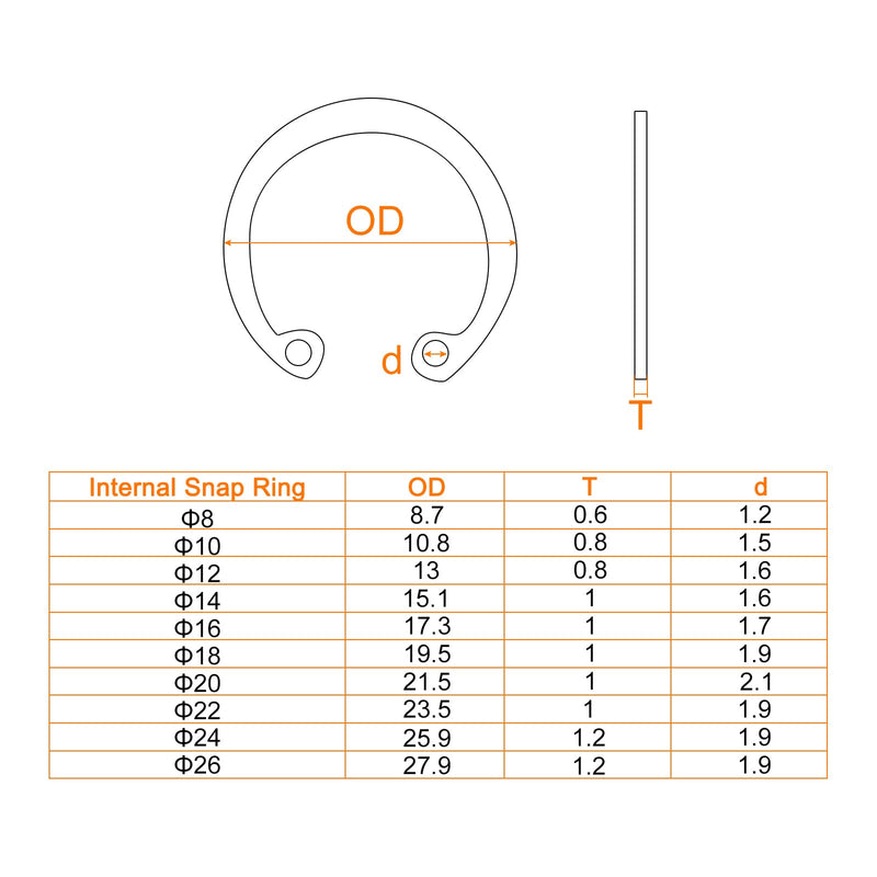 [Australia - AusPower] - uxcell 100Pcs Internal Retaining Ring Circlip Assortment Set, 65 Mn Metal Circlip Snap Rings 10 Sizes M8 M10 M12 M14 M16 M18 M20 M22 M24 M26 100 