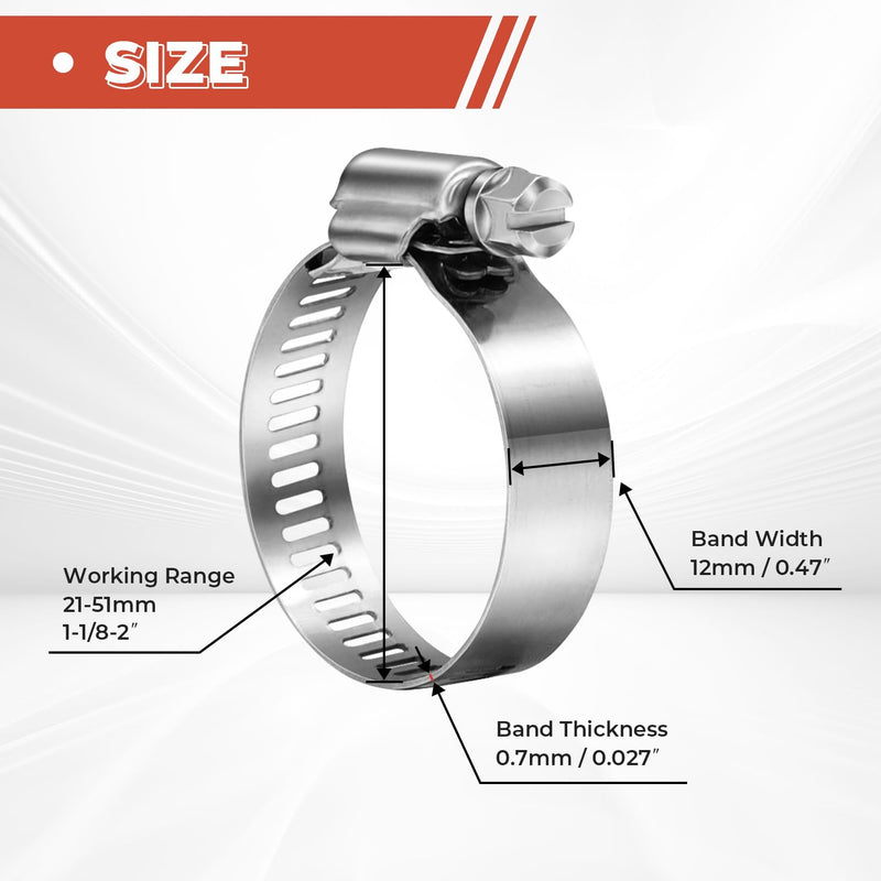 [Australia - AusPower] - 24 Pack 1 1/8'' - 2'' Worm Gear Hose Clamps, Adjustable Range 27-51mm 304 Stainless Steel Fuel Line Hose Clamps for Pipe, Plumbing, Automotive And Mechanical Application 24 Pack 1 1/8'' - 2'' (27-51mm) 
