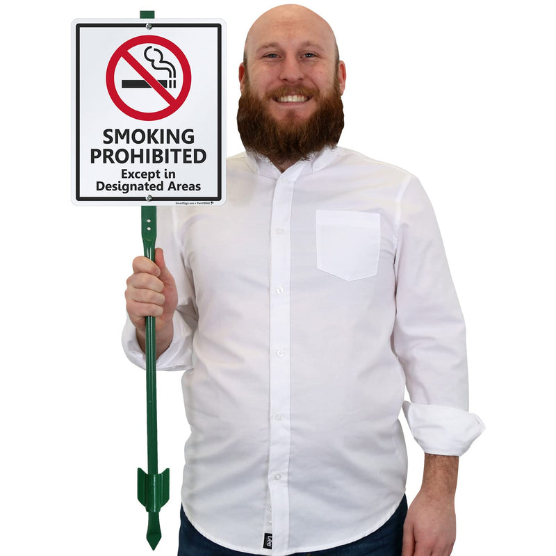 SmartSign 12 x 10 inch “Smoking Prohibited Except In Designated Areas” Yard Sign with 3 foot Stake, 40 mil Laminated Rustproof Aluminum, Red, Black and White, Set of 1