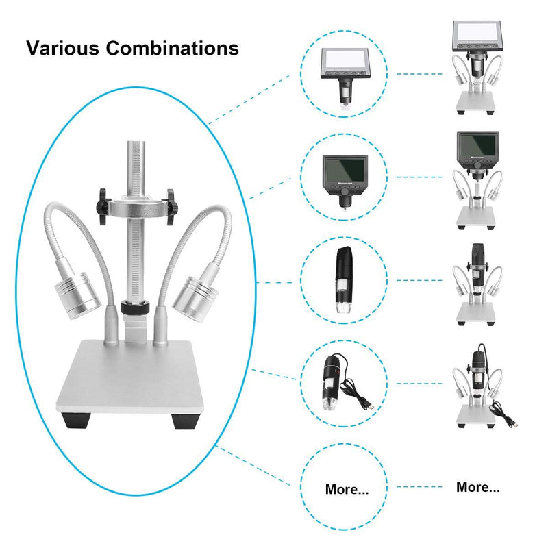 Jiusion Updated with 2 Lamps Aluminum Alloy Universal Adjustable Professional Base Stand Holder Desktop Support Bracket for Max 1.4" in Diameter USB Digital Microscope Endoscope Magnifier Loupe Camera