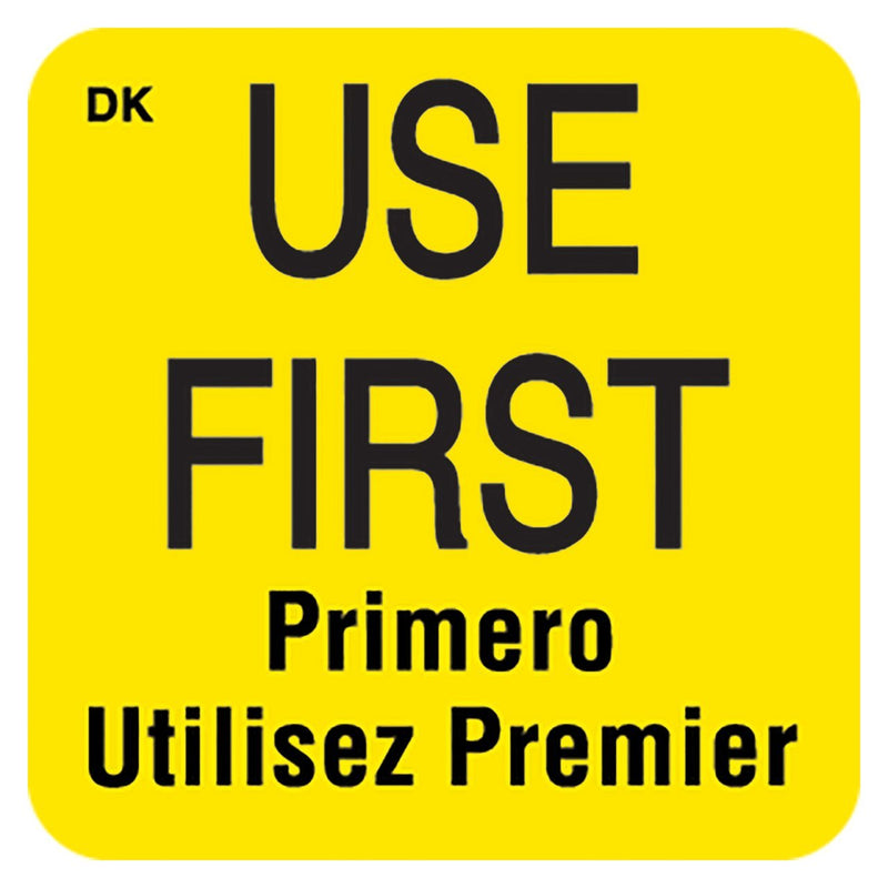 DayMark IT110083 "USE FIRST" Trilingual Permanent Label, 1" x 1", (Roll of 1000), Yellow 1"x1"