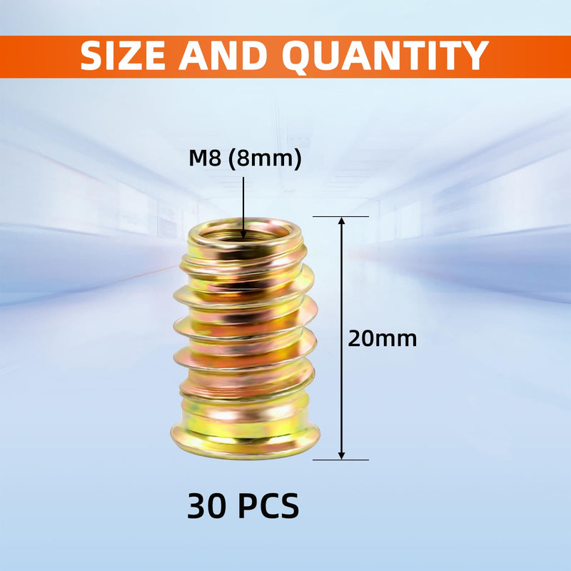 [Australia - AusPower] - M8 x 20mm Threaded Inserts for Wood, Nut Inserts, Hex Drive, 30 PCS M8 x 20mm 