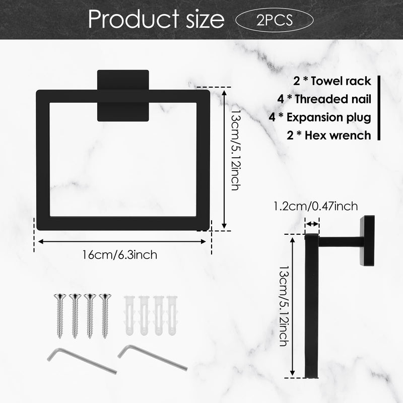 Stainless Steel Square Towel Racks for Bathroom, Black Hand Towel Holder Wall Mount, Modern Towel Ring for Guest Bath, Bathroom Accessories, Bathroom Towels for Wall, Rust-Proof, 2 Pack Black 2pcs