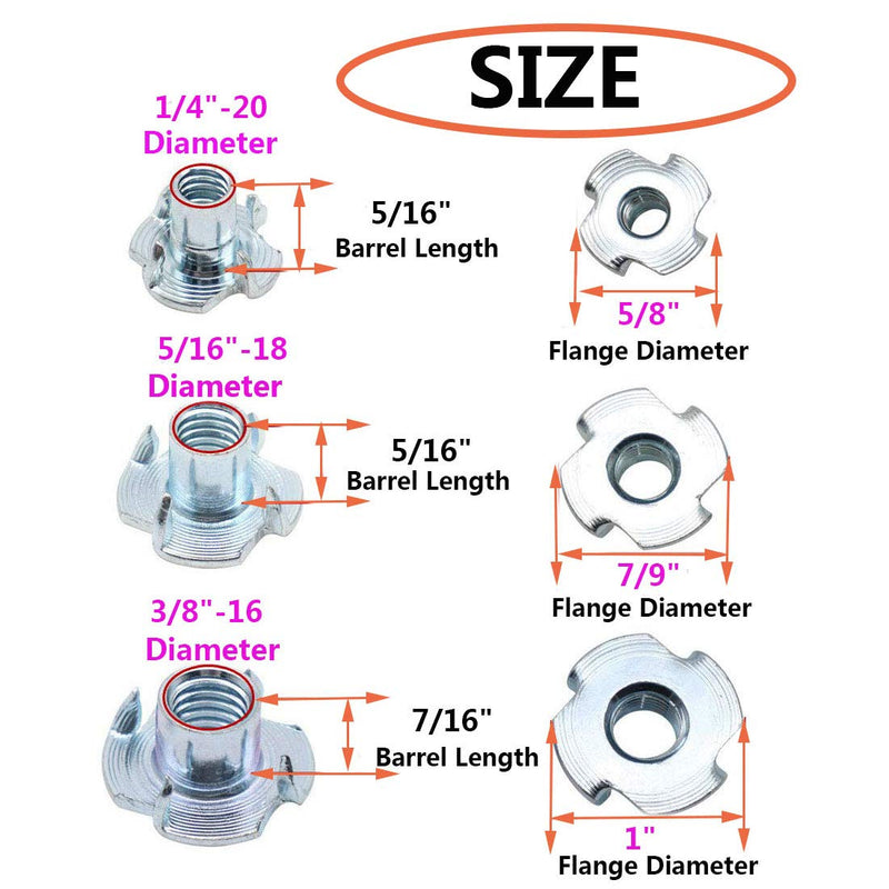 [Australia - AusPower] - T Nuts 1/4"-20 5/16"-18 3/8"-16, SpzcdZa 75Pcs T Nut Zinc Plated Steel T-Nuts 4 Pronged Tee Blind Nuts Assortment Kit for Wood, Rock Climbing Holds, Cabinetry, Furniture etc. 1/4",5/16",3/8"Assortment Kit(75pcs) 