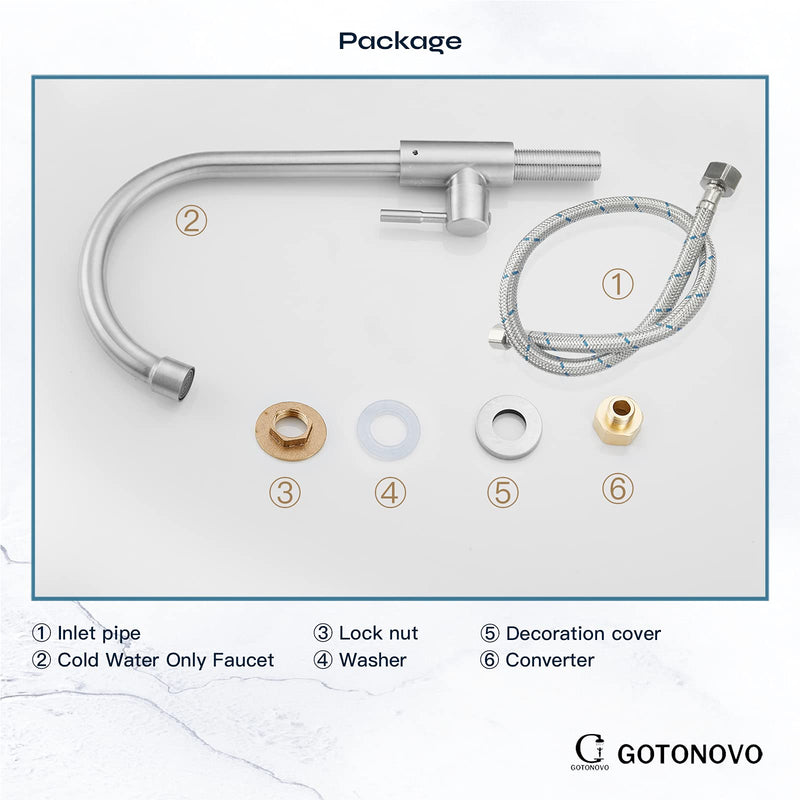 gotonovo Stainless Steel Cold Water Kitchen Sink Faucet Brushed Nickel Bathroom Single Handle Bar Faucet Faucet Single Temperature Water Only Silver Rotatable Elbow