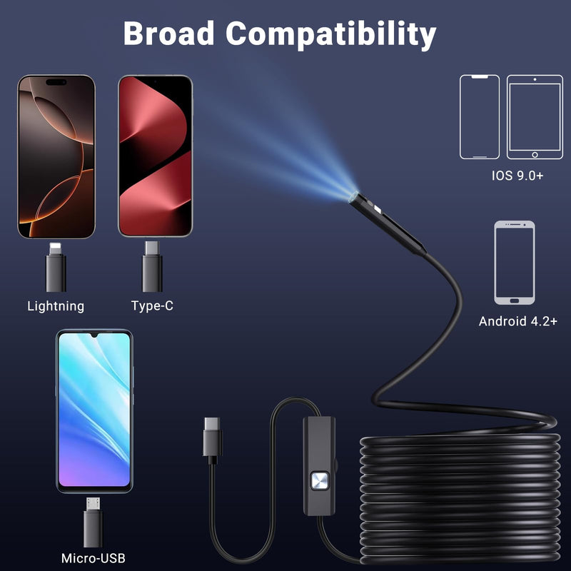 [Australia - AusPower] - Preciva Endoscope Camera with Dual Lenses, 1920P HD Borescope Camera with 8 Adjustable LED Lights, 16.5ft Semi-Rigid for iOS and Android 