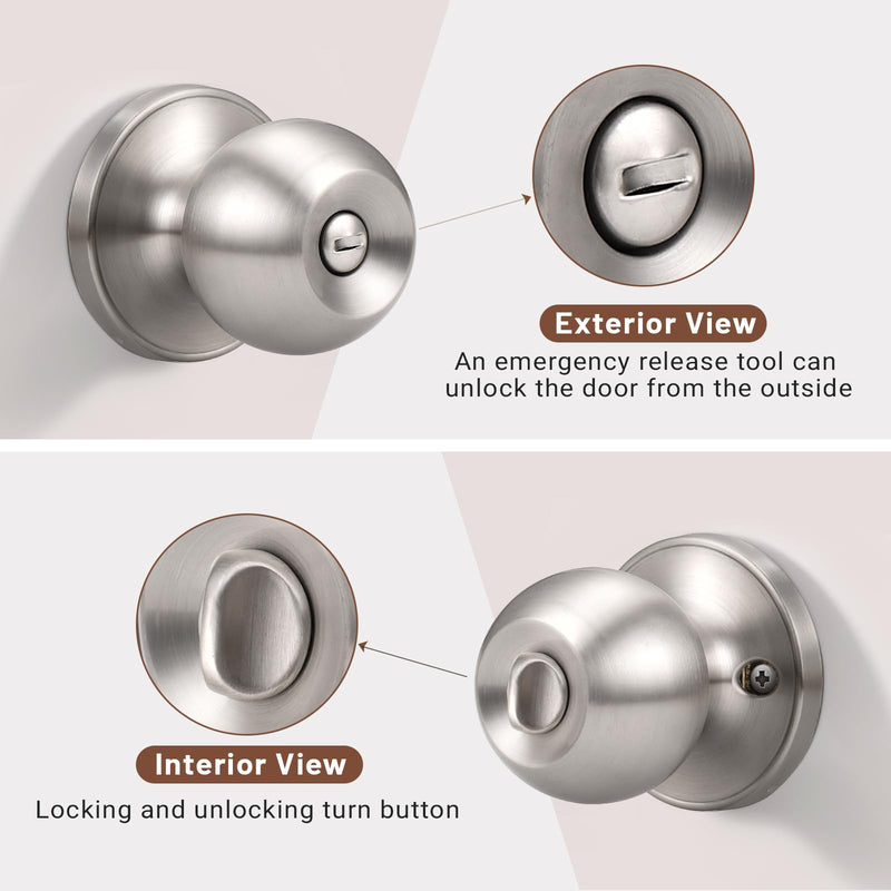 Knobonly 2 Pack Bedroom/Bathroom Satin Nickel Door Knobs Privacy Door Sets Hardware Interior Ball Shap Door Handles