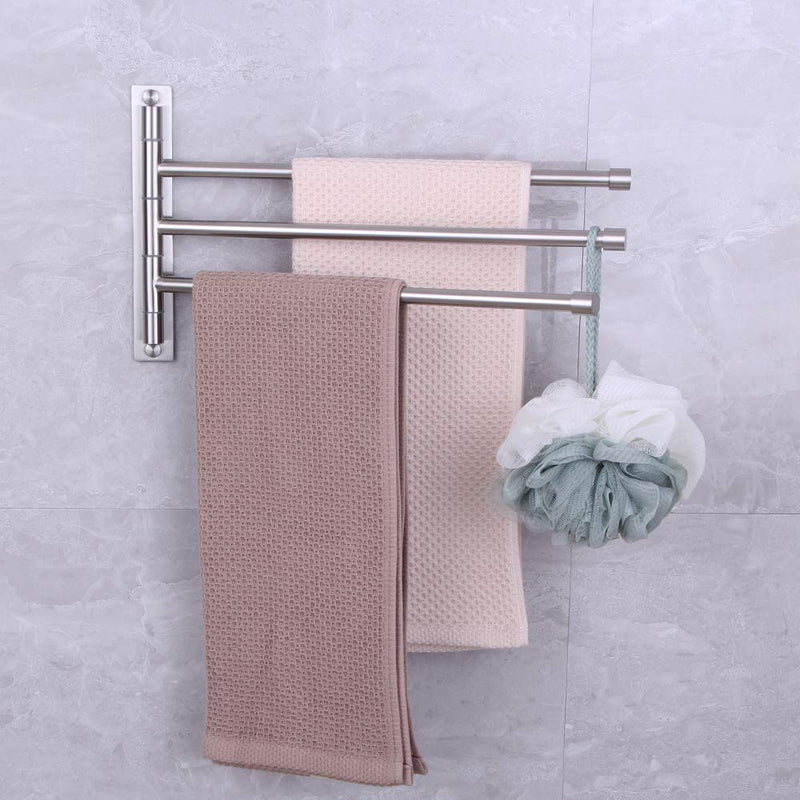Swing Out Towel Bar Stainless Steel 3-Bar Folding Arm Swivel Hanger Bathroom Storage Organizer Rustproof Wall Mount Brushed Finish