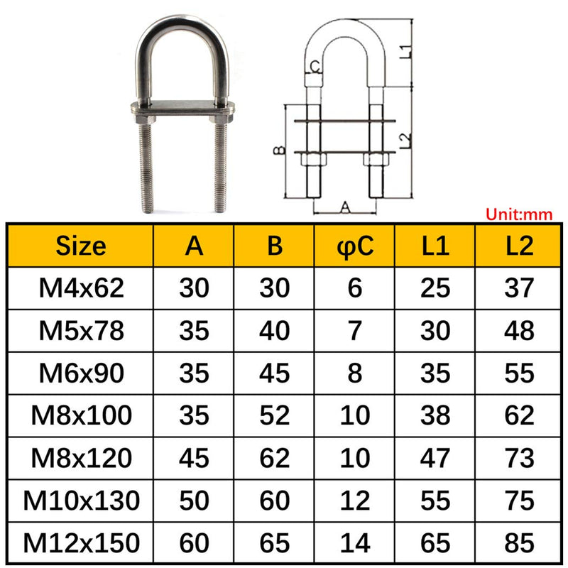 [Australia - AusPower] - M8x120 U Bolt 304 Stainless steel Tie Down U Bolt (Pack of 2) M8x120 
