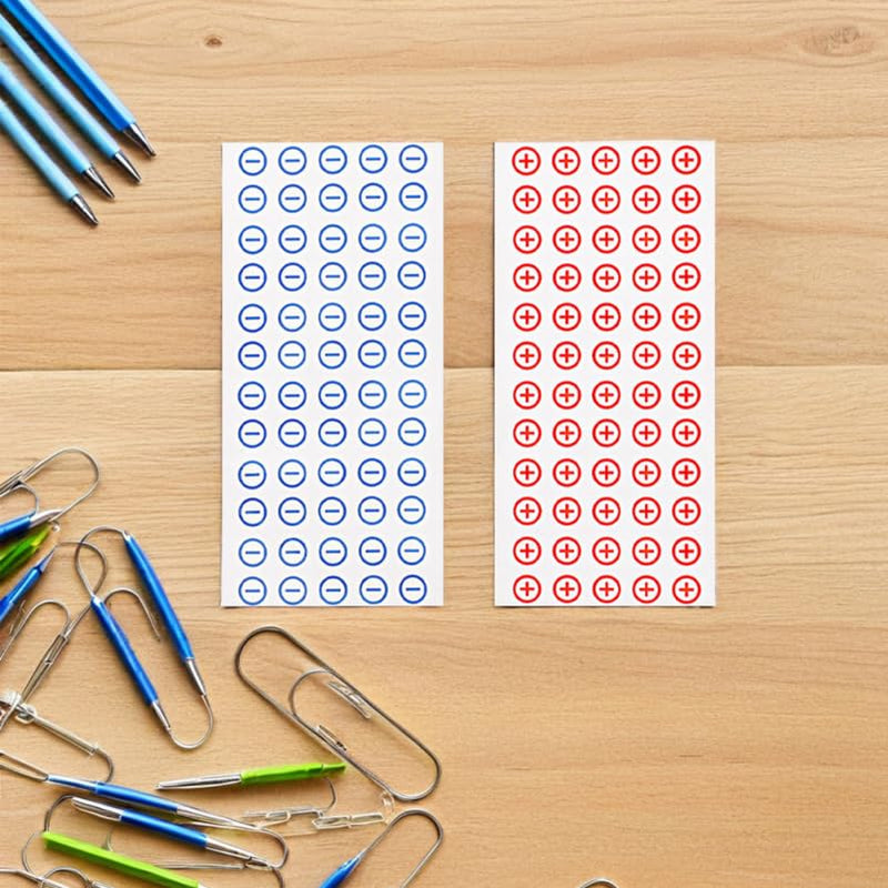360pcs PVC 12mm Positive Negative Electrical Stickers Adhesive Battery Polarity Labels for Safe Circuit Identification Includes 6 Sheets (3 Positive 3 Negative)