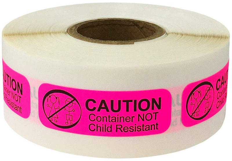 Fluorescent Pink with Black Caution Container Not Child Resistant Medical Stickers – 0.5 x 1.5 Inch Labels, 500 Total Stickers Per Roll for Pharmacies, Hospitals, and Healthcare – Made in the USA