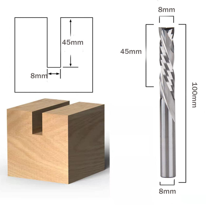 [Australia - AusPower] - Sinoprotools Spiral Groove Cutter 8 mm Shank/Solid Carbide End Mill / 45 mm Cutting Length Spiral Cutter / CNC Milling Cutter for Router / Compression Cutter Double Flute for Wood (2 + 2 Flutes) 8x45x100mm 