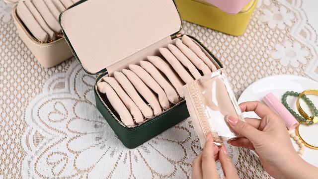 Travel Jewelry Case with 12 Velvet Zipped Pouches Bags, Beige Beige - 12 Pouch