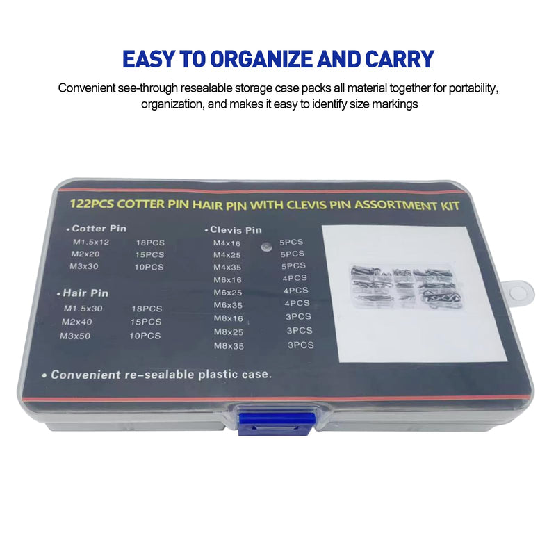 [Australia - AusPower] - 122Pcs Cotter Pin Hair Pin Clevis Pin Assortment Kit,R Clips Retaining Hair Pins Assortment, Including Single Hole Clevis Pin&Split Cotter Pin&R Clip Hitch Pin for Trailer Latch, Zinc-Plated 122pcs 