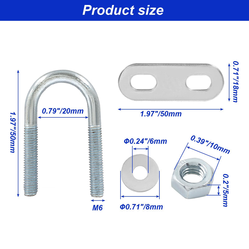 [Australia - AusPower] - 4 Pcs Round U Bolts M6 Bend U Bolts in Zinc Plated Steel U Clamp with Nut, Plate, Washer(20mm Inner Width 50mm Length) M6*20mm*50mm 