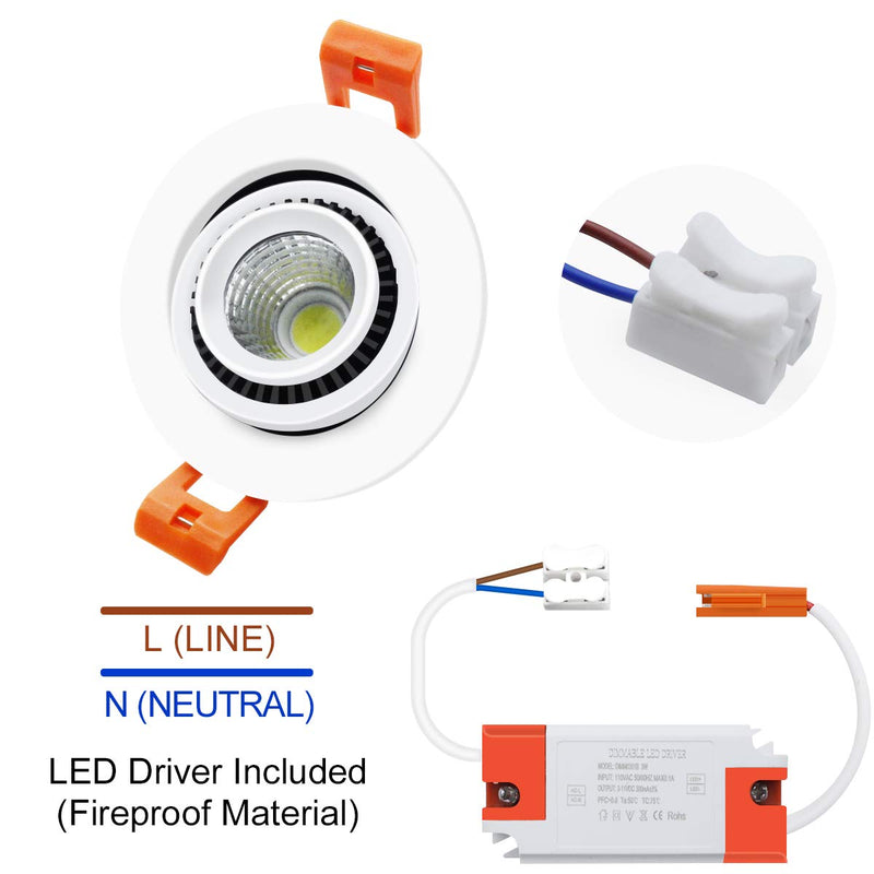 2 Inch Eyeball Gimbal LED Recessed Lighting Dimmable Downlight, 3W (35W Halogen Equivalent) Adjustable Spotlight, 3000K Warm White, CRI80+, Ceiling Light with LED Driver (4 Pack) 3000k - Warm White 3W - 4 Pack