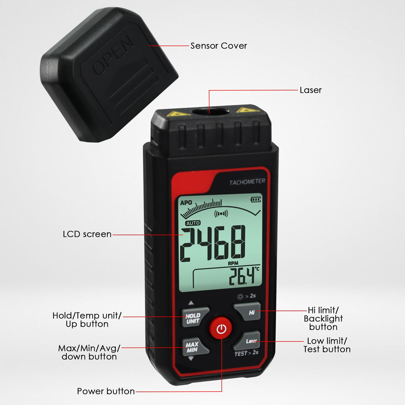[Australia - AusPower] - Digital Speedometer, Laser Sensor, Touchless Tachometer, Range from 2.5 to 99999 RPM, High Accuracy, with Alarm Function, Backlight, Analog Bar Scale 