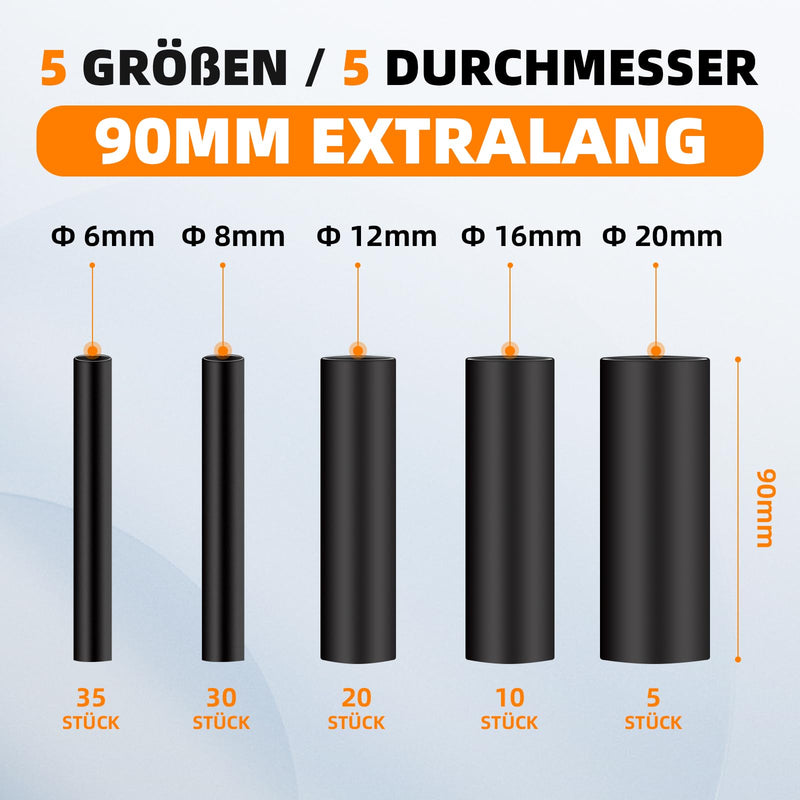 damoguin 90 mm Extra Long Heat Shrink Tube Set, 4:1 Waterproof Heat Shrink Tube with Adhesive, Heat Shrink Tube, Insulation Hose Assortment with 5 Different Sizes (Black, Pack of 100)
